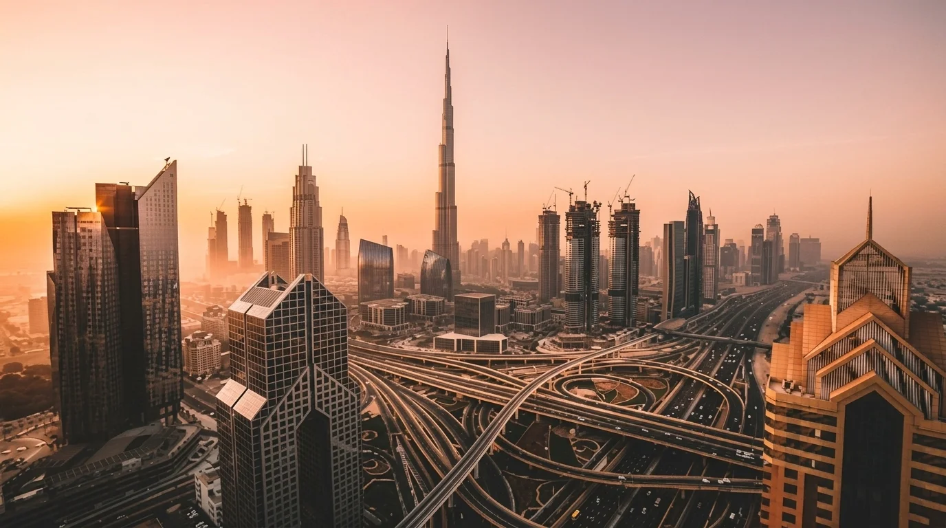 Romantic Dubai skyline with luxury waterfront views