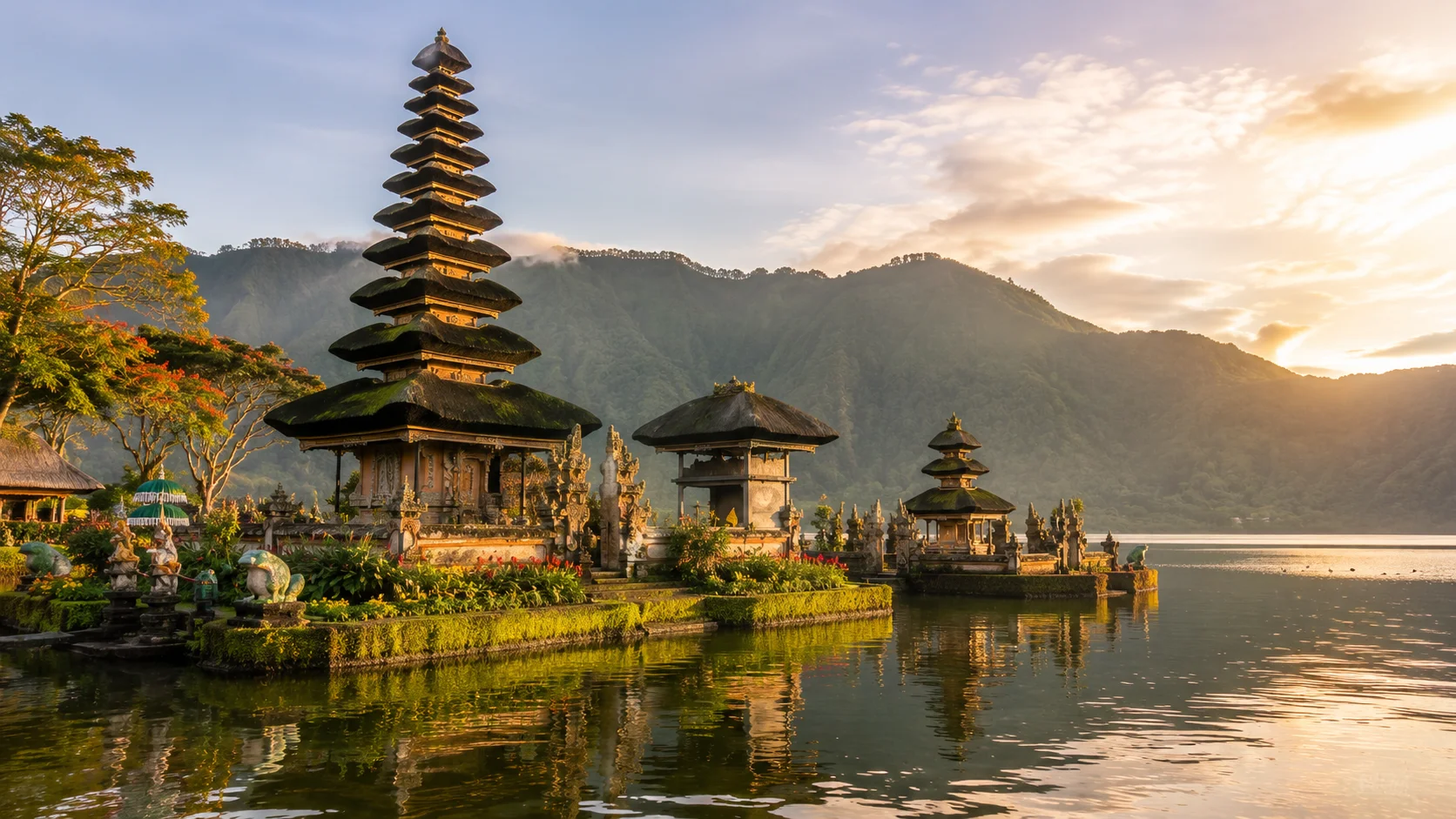 Bali beach with waves, palm trees, and sunset