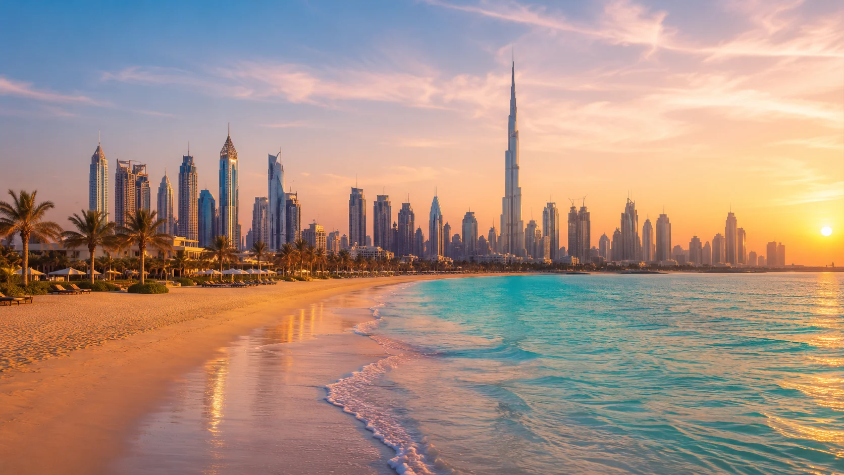 Dubai beach with city skyline and sea view