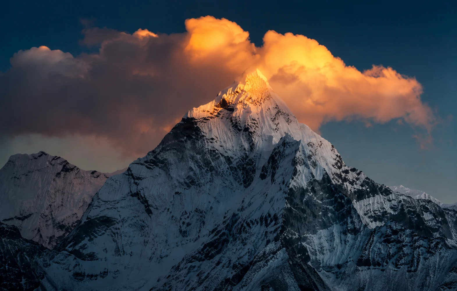 Nepal Himalayas with snowy mountain peaks and trekking trail