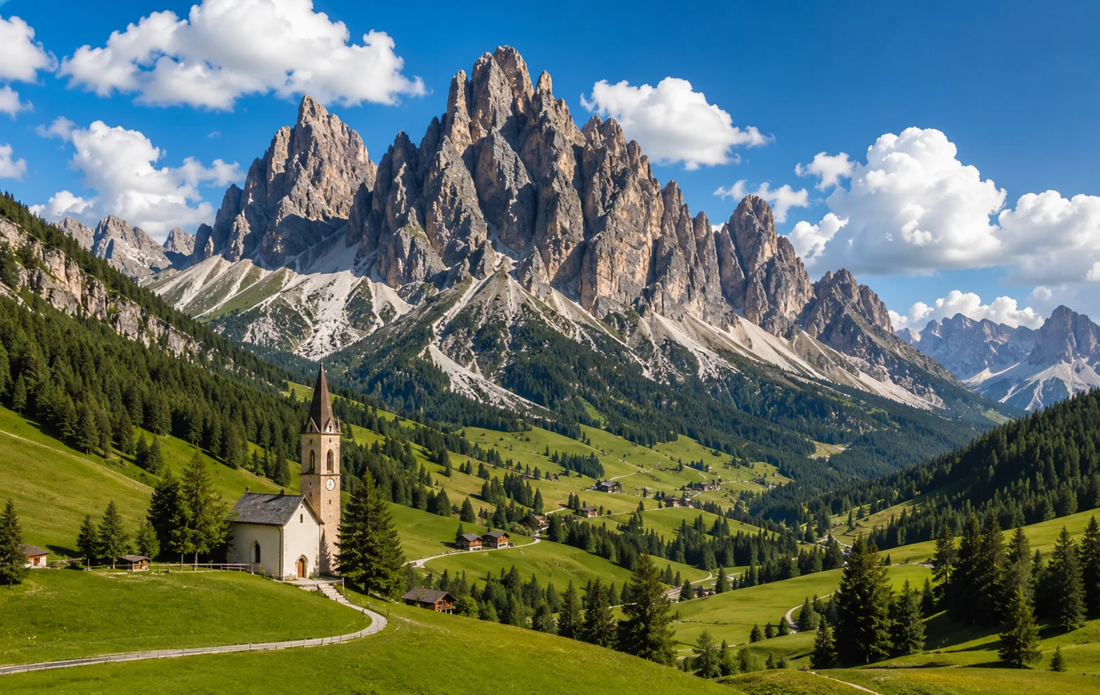 Dolomites Italy mountain peaks with green valley and blue sky