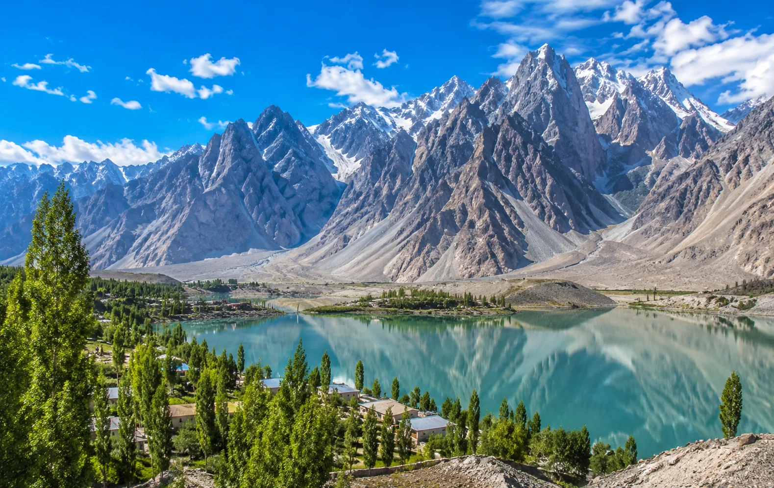 Skardu mountain landscape with lake and rocky peaks